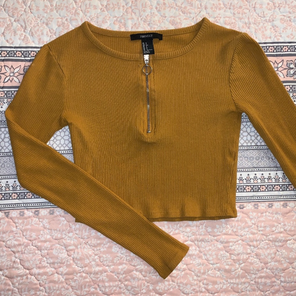 Mustard Half Zip Long Sleeve Crop Top